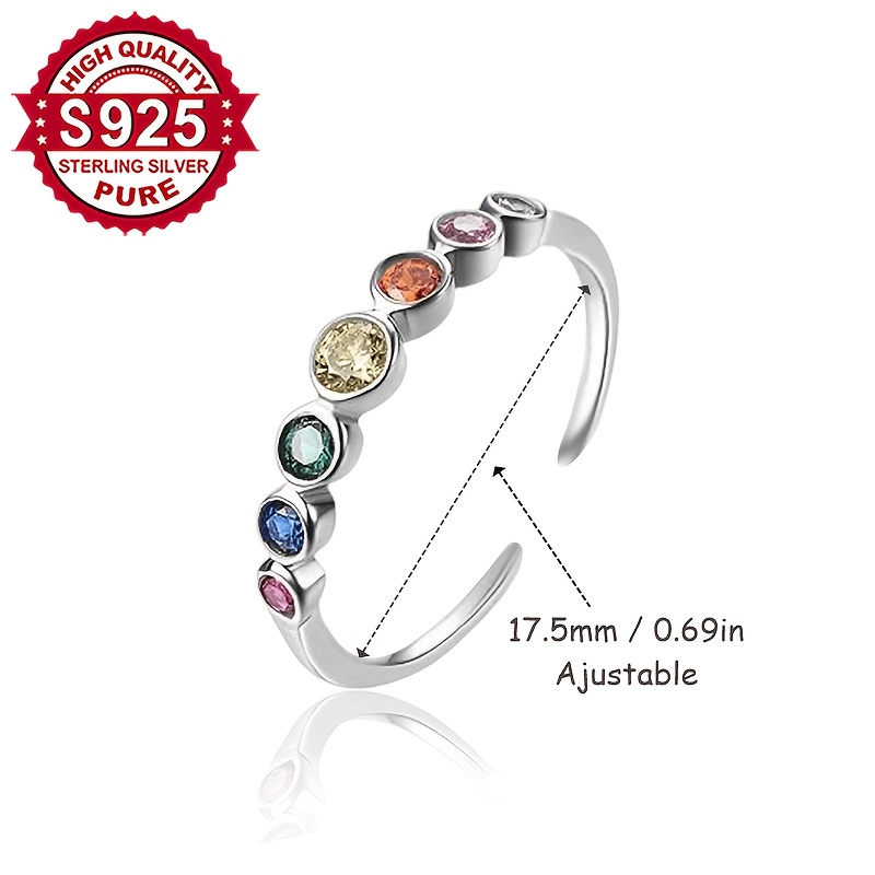 Women's S925 Silver Rainbow Synthetic Zirconia Open Ring, Elegant